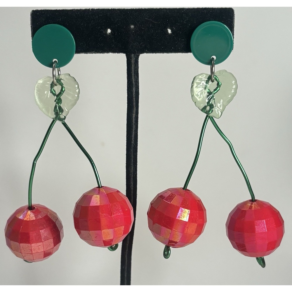 Red Disco Ball Cherry Dangle Earrings 3D Lightweight Cherries Leaves Retro